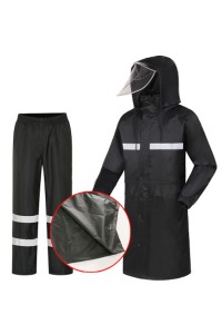 SKRT004 製造黑色反光帶雨衣 大帽簷套裝 網上下單雨褸 過膝加長款 雨衣製造商  工程雨衣